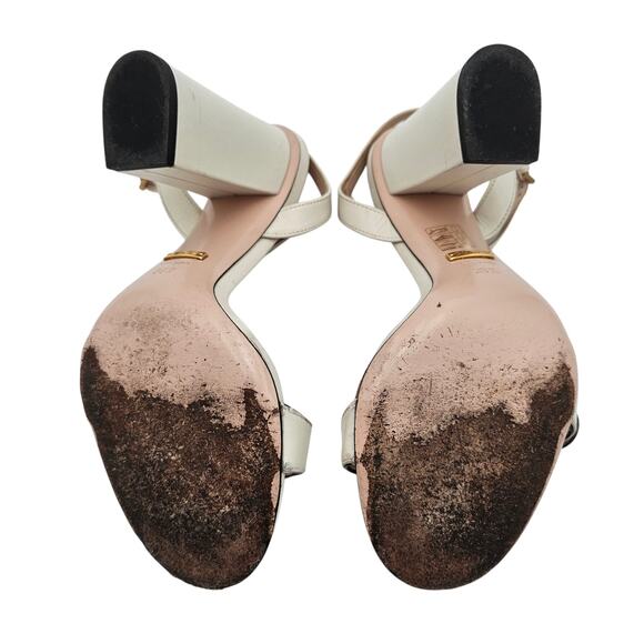 Gucci GG Logo Marmont Block High Heel Sandal White Leather Gold Size 38.5 US 8.5 - Picture 9 of 11